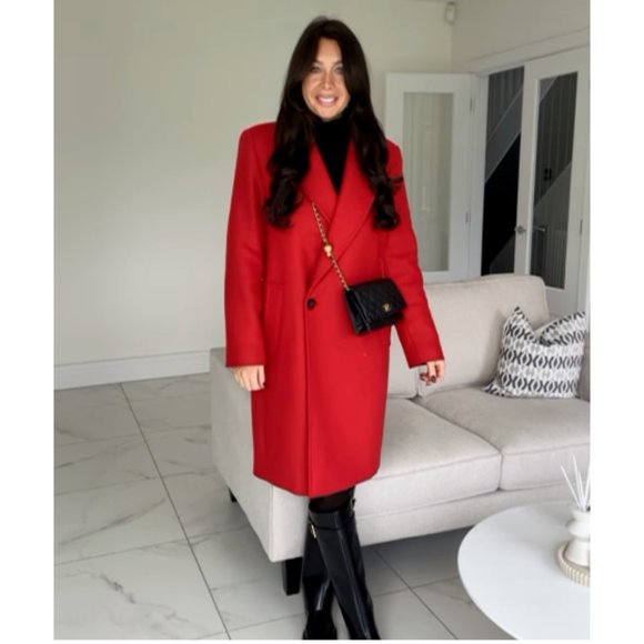 ZARA WOMEN RED LONG WOOL COAT DOUBLE BREASTED - Picture 1 of 12